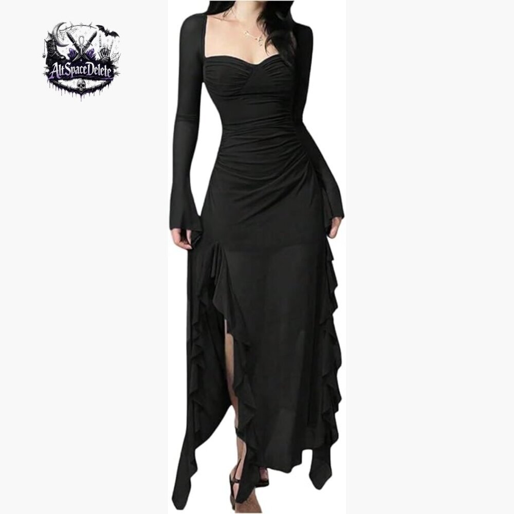 Long Sleeve Maxi Dress with Ruched Sweetheart Neck and Split